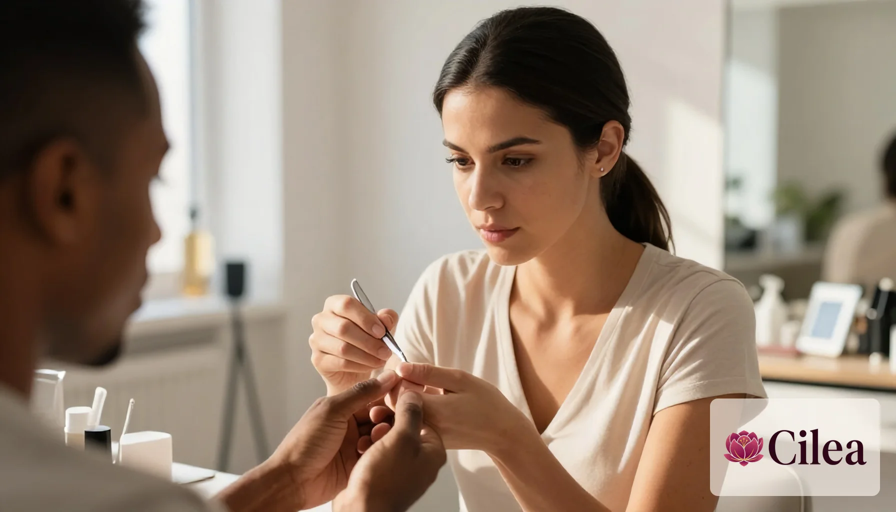 Mulher faz manicure em cliente masculino, exemplificando serviço para controle de vale e comissão em salão