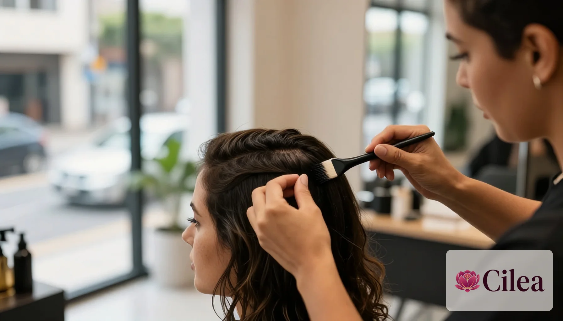 Profissional aplica coloração no cabelo de cliente em salão, ilustrando como calcular preço do serviço