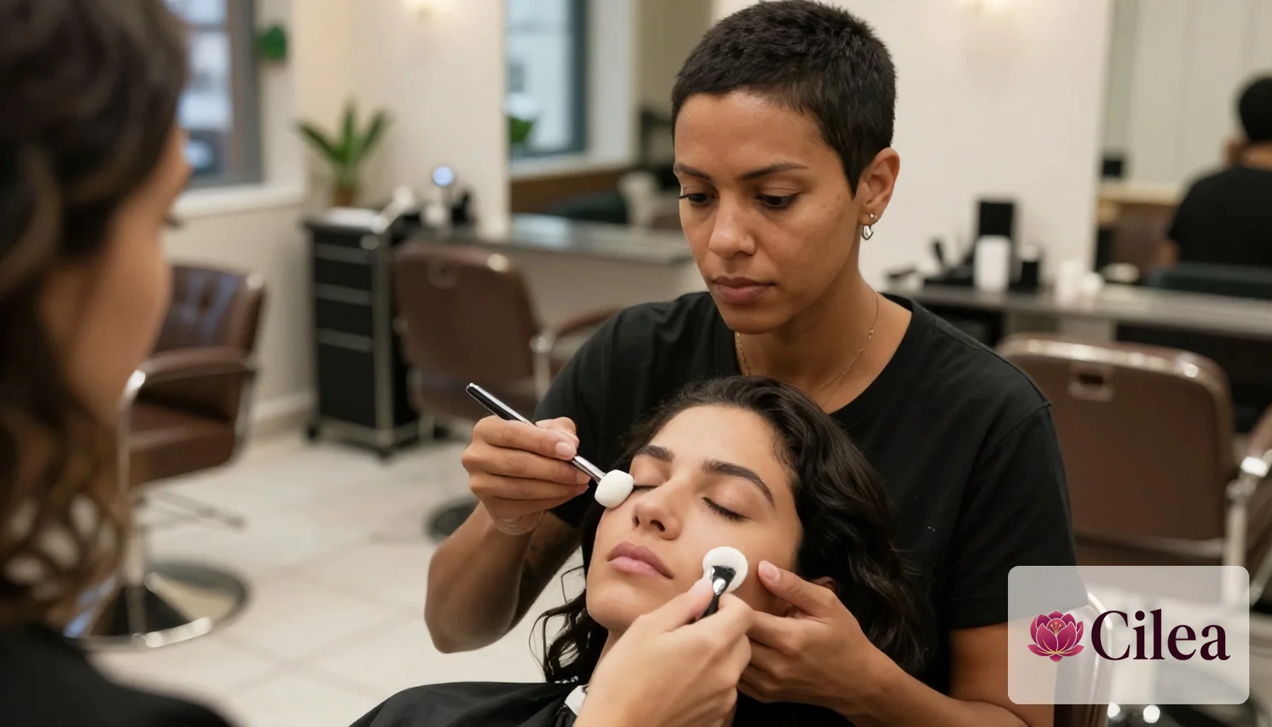 Esteticista aplica produtos no rosto de cliente em salão de beleza, ilustrando contrato de salão-parceiro