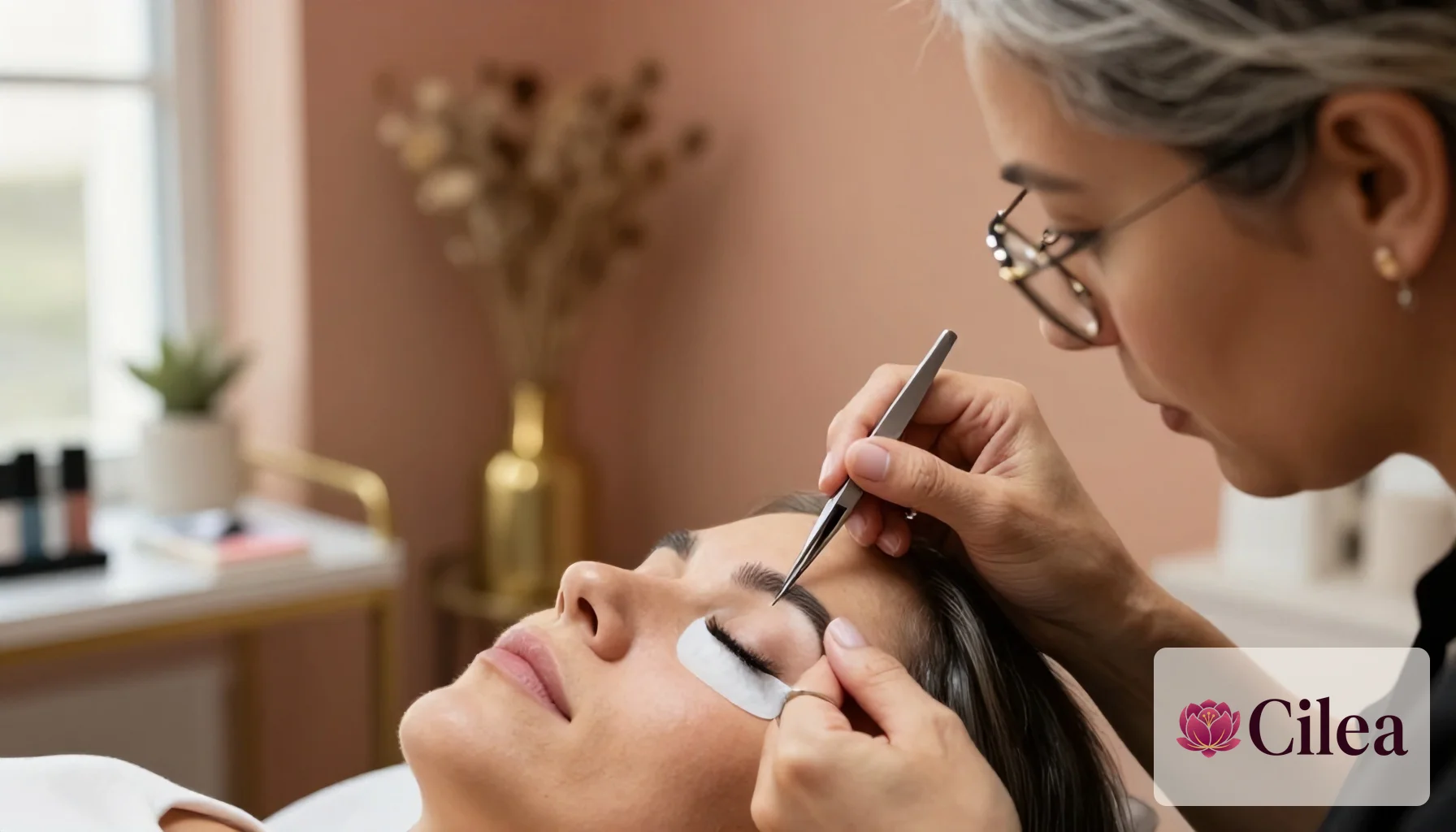 Profissional mulher aplica extensão de cílios em cliente em salão, passo importante para cobrar sinal correto