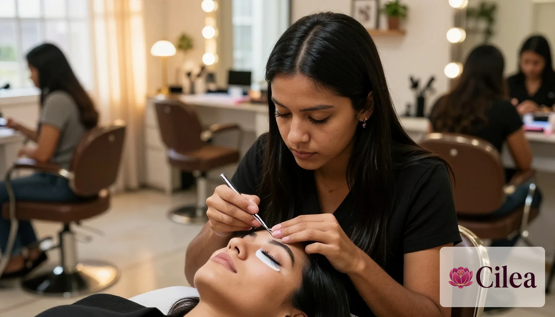 Técnica aplicando extensão de cílios em cliente durante atendimento no salão de beleza