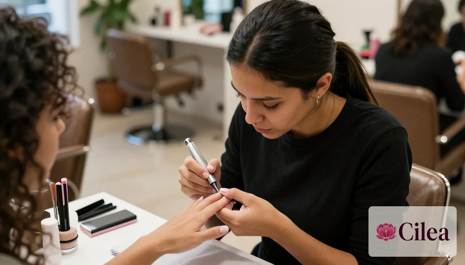 Profissional realiza nail art personalizada em salão de beleza com atenção aos detalhes nas unhas da cliente