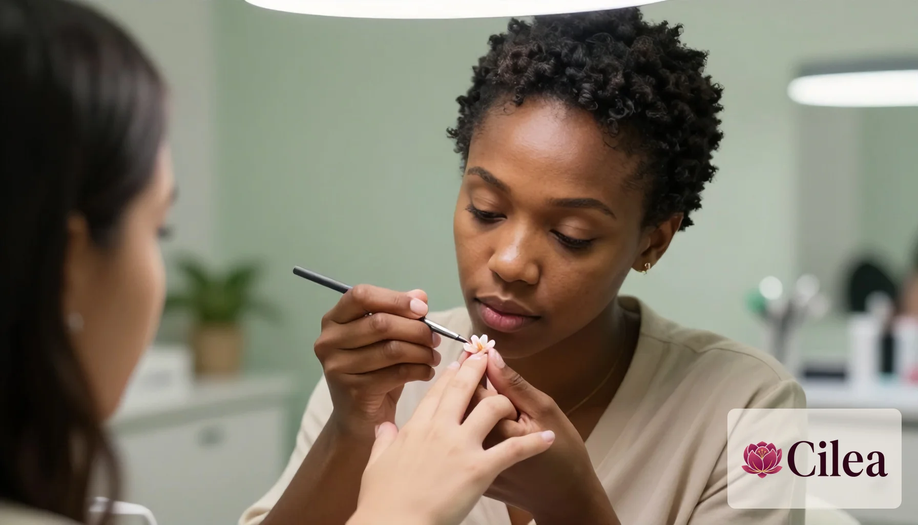 Manicure feminina detalhando desenho artesanal em unhas de cliente em salão de beleza