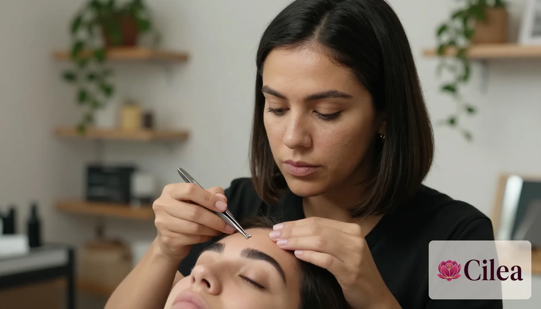 Esteticista feminina realiza depilação facial de design de sobrancelhas para cliente no salão de beleza