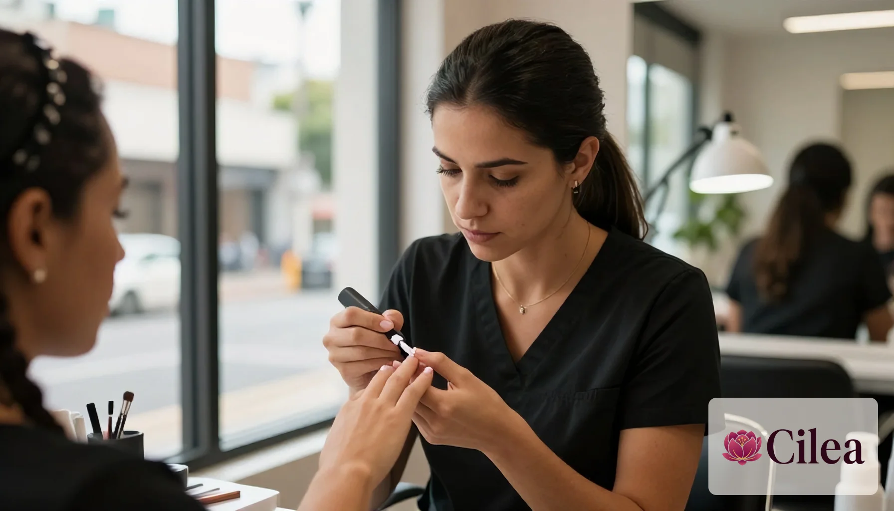 Profissional aplica esmalte nas unhas da cliente no salão, parte do cálculo do custo do atendimento de manicure