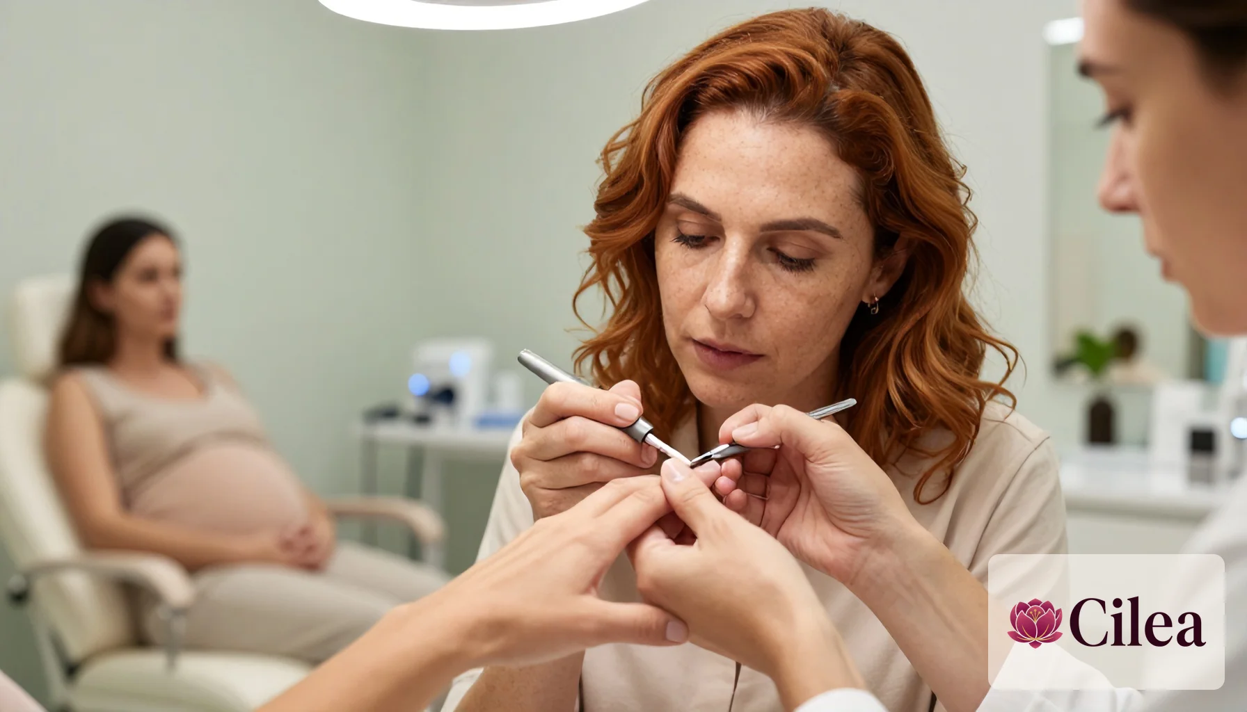 Manicure faz design de unha francês em cliente em salão, com gestante aguardando ao fundo.