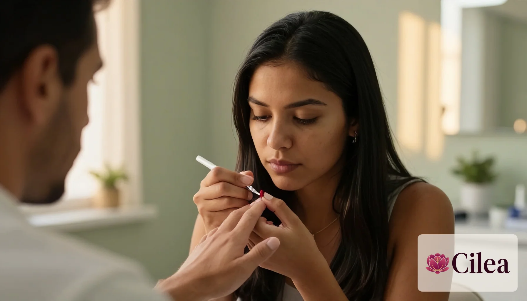 Jovem mulher aplica esmalte vermelho nas unhas de um homem em ambiente iluminado, representando cuidado na manicure