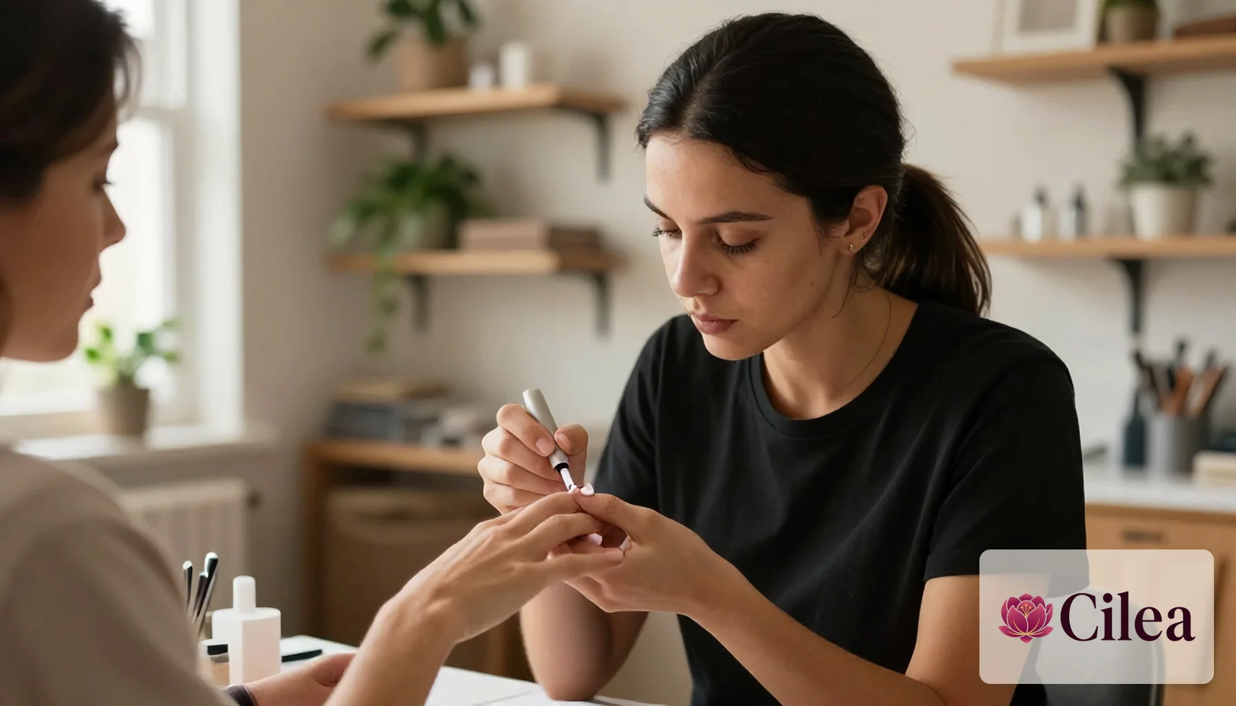 Manicure aplica esmalte nas unhas da cliente, mostrando cuidado e potencial comissão por atendimento.