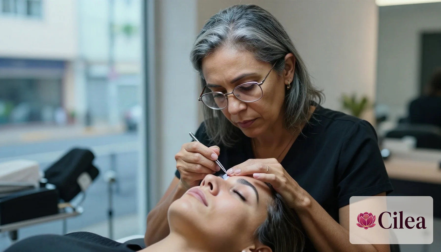 Profissional cuida da sobrancelha de cliente, ilustrando serviço e comissão em salões de beleza