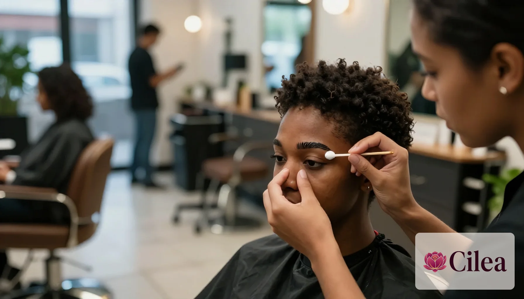 Profissional aplica henna em sobrancelha de cliente em salão, demonstrando cuidado e técnica no procedimento