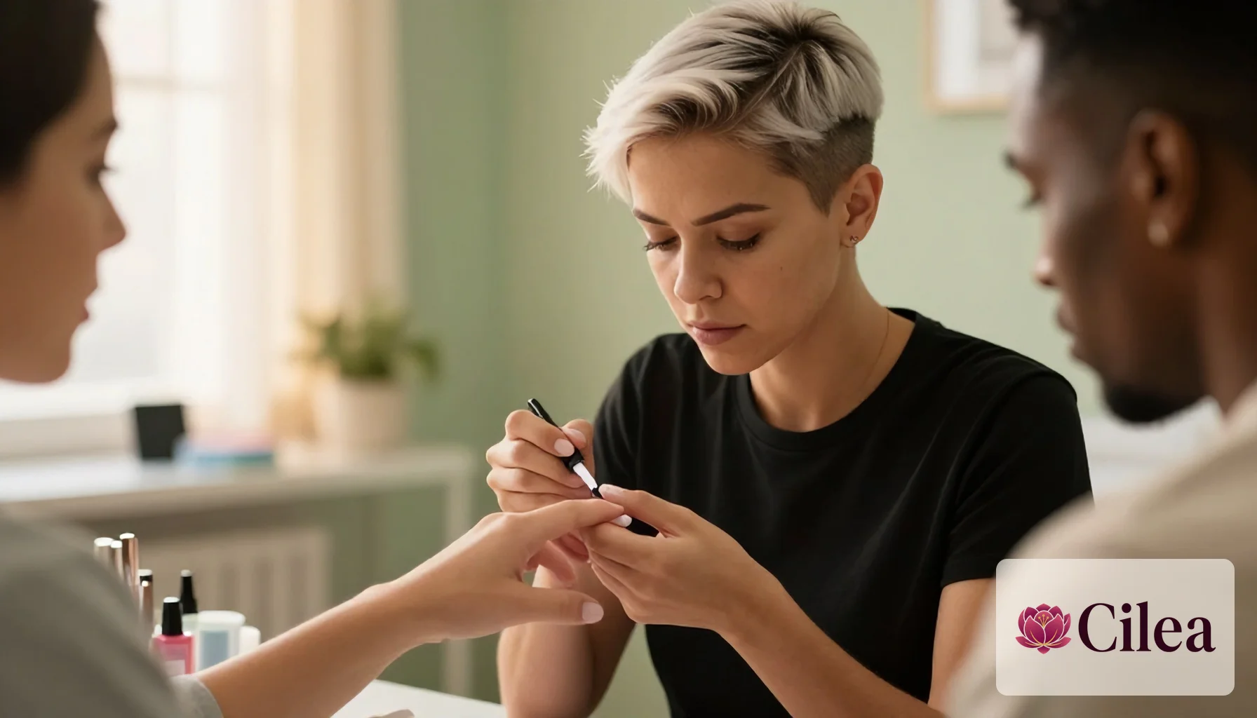 Profissional feminina faz manicure com cuidado em cliente como parte do atendimento no salão de beleza