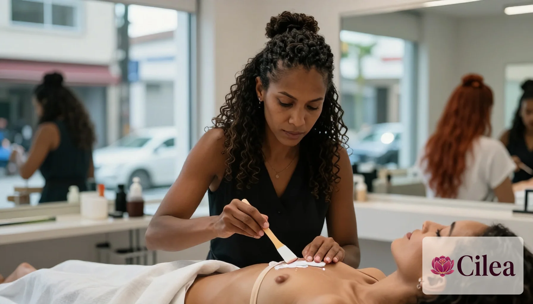 Esteticista mulher aplica cera no tórax de cliente para depilação em salão de beleza.