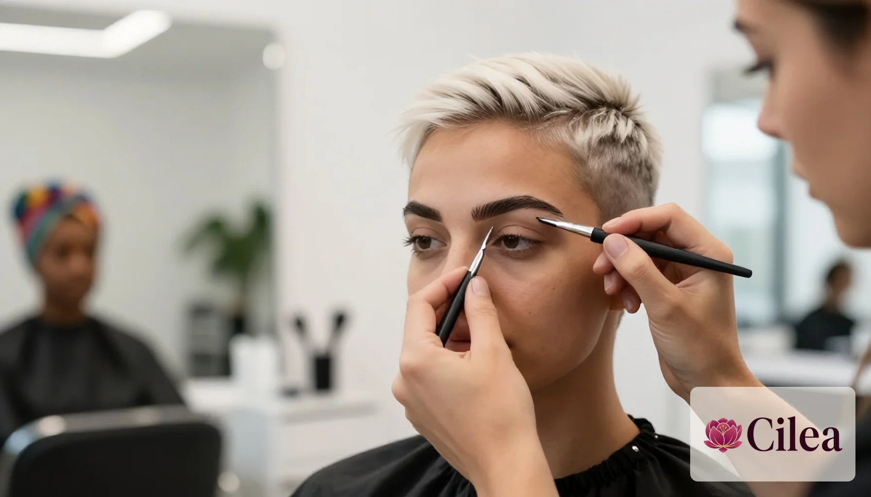 Profissional cuida das sobrancelhas de cliente no salão, destacando a importância do atendimento para redução de faltas.