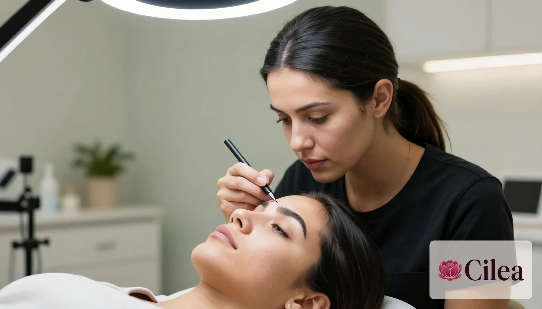 Profissional feminina realiza micropigmentação em sobrancelha de cliente deitada em salão de beleza