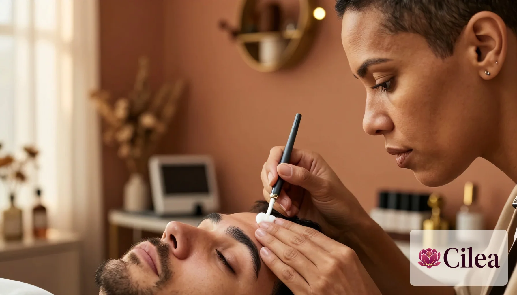 Profissional aplica tratamento nas sobrancelhas de cliente masculino em ambiente de salão de beleza