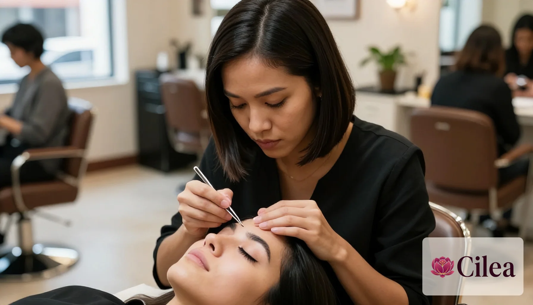 Profissional aplica manutenção em extensão de cílios para cliente relaxada no salão de beleza