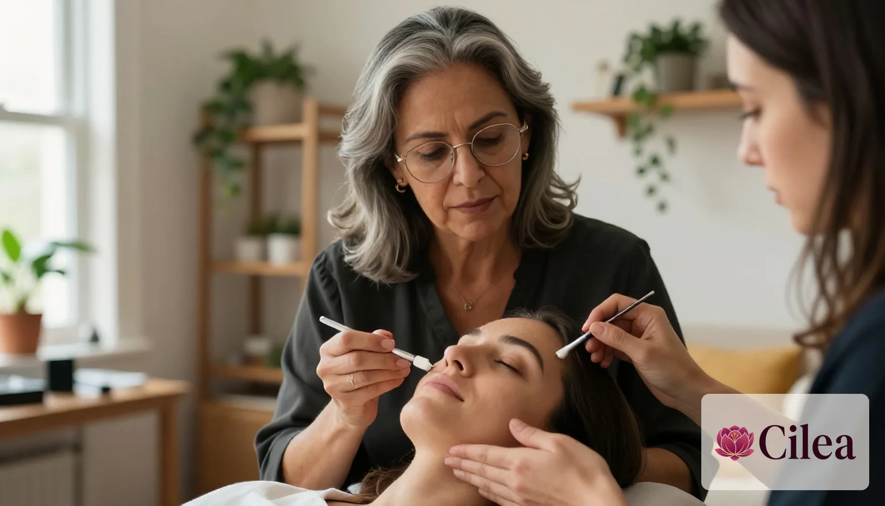 Esteticistas aplicando tratamento facial em cliente para ilustrar controle financeiro no salão de beleza