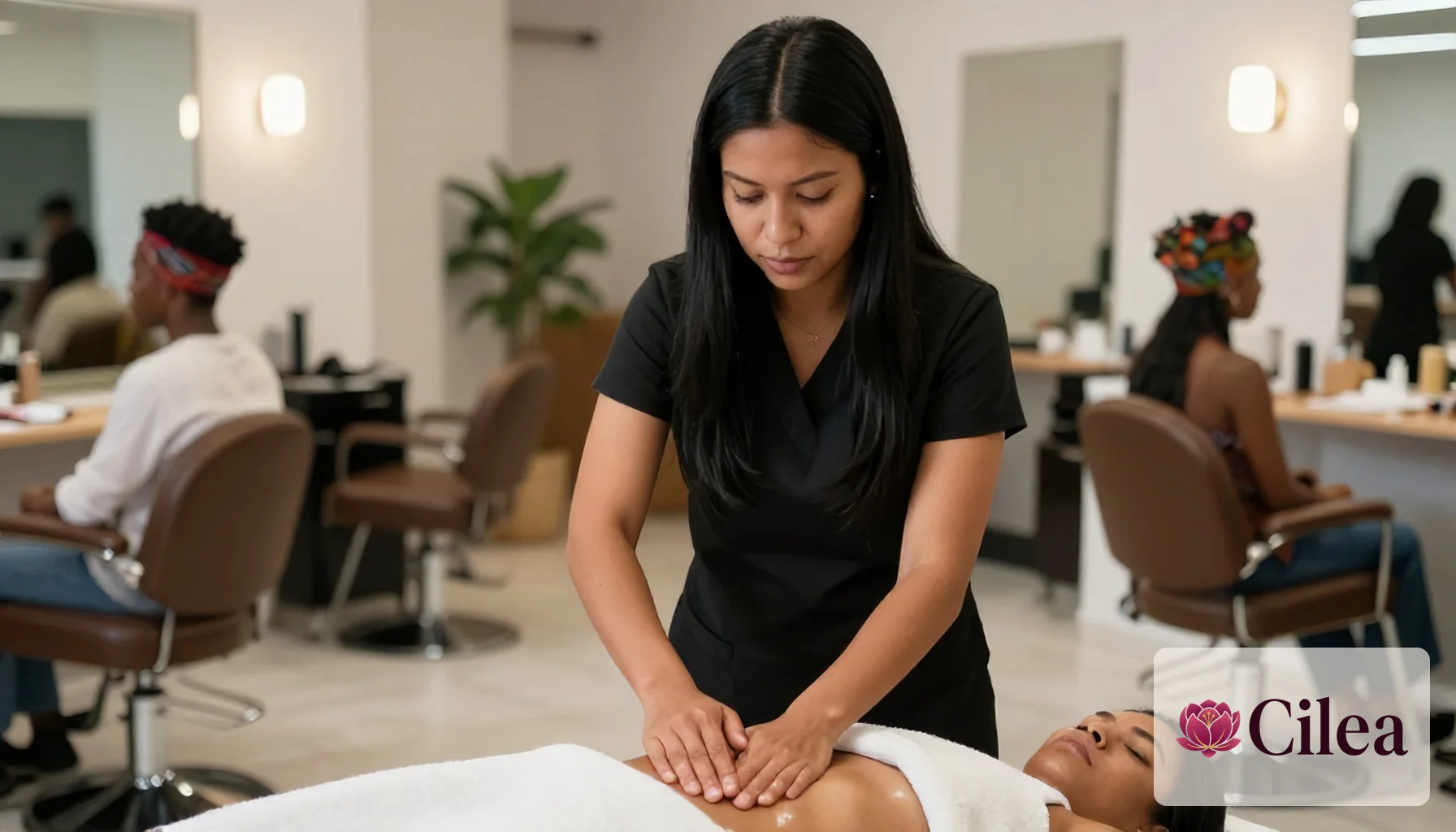 Esteticista feminina realiza massagem corporal em cliente deitada, mostrando atendimento em estética corporal.