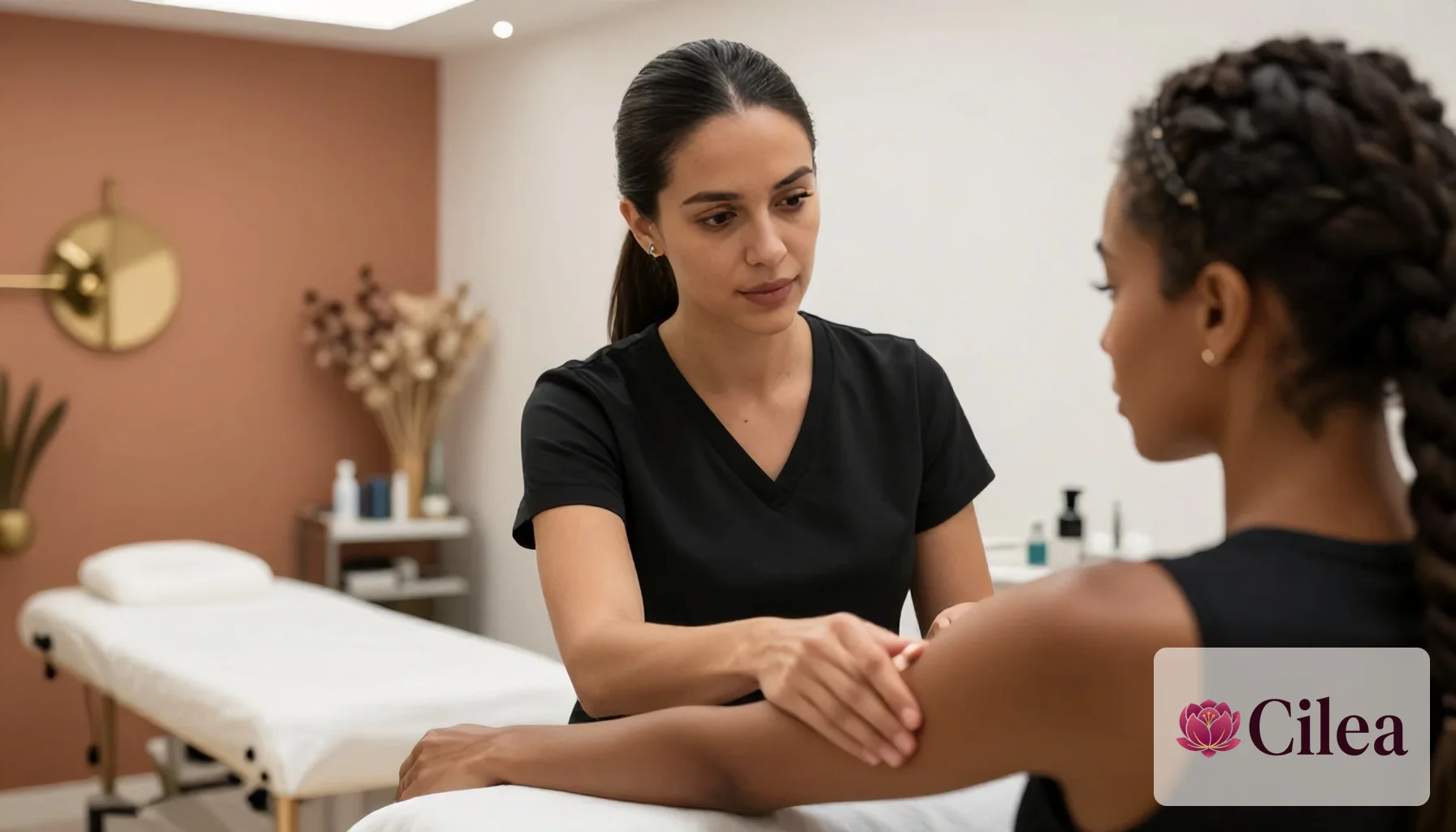 Esteticista feminina analisa o braço da cliente enquanto se prepara para um procedimento corporal no salão