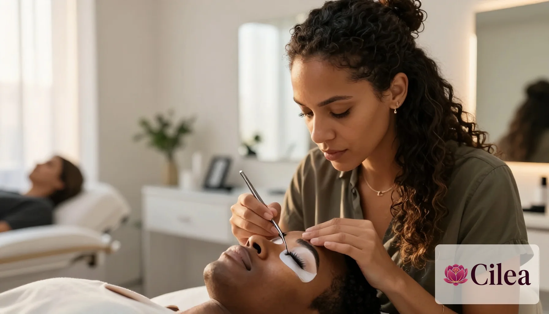Profissional feminina aplica extensão de cílios em cliente masculino, representando agenda organizada no salão