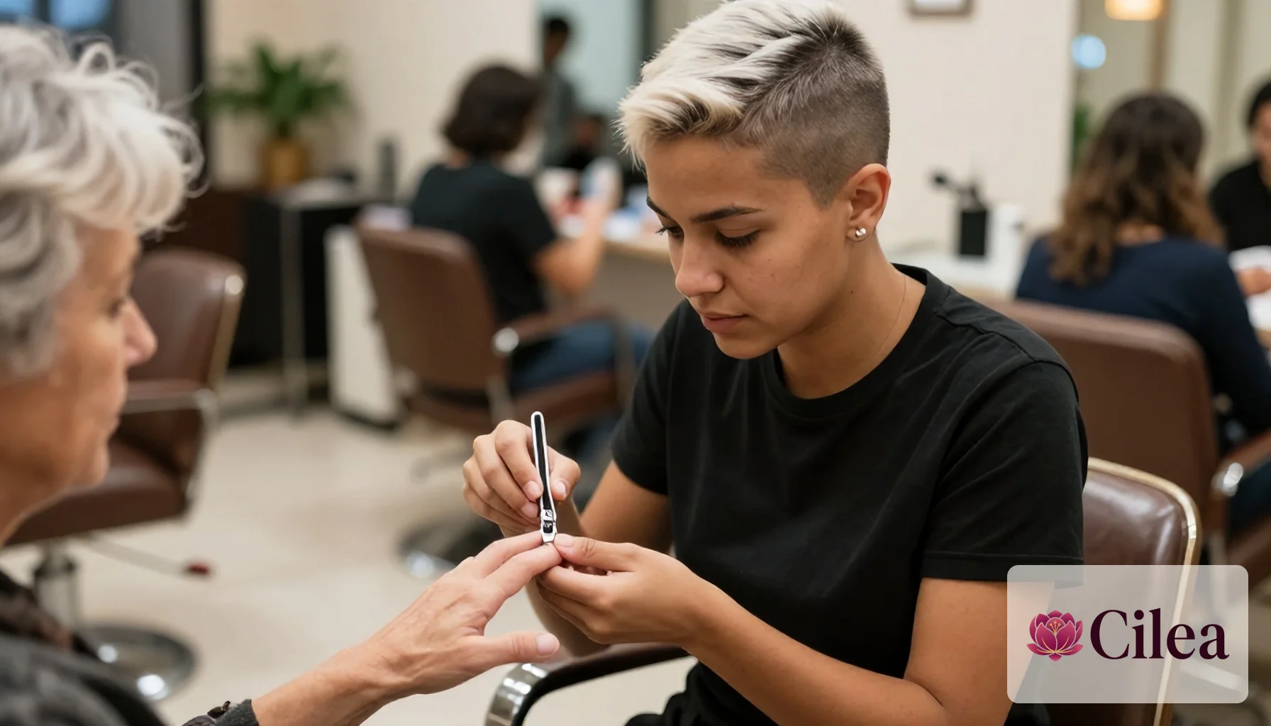 Manicure cuida das unhas de uma cliente em salão, ilustrando trabalho comissionado e autônomo