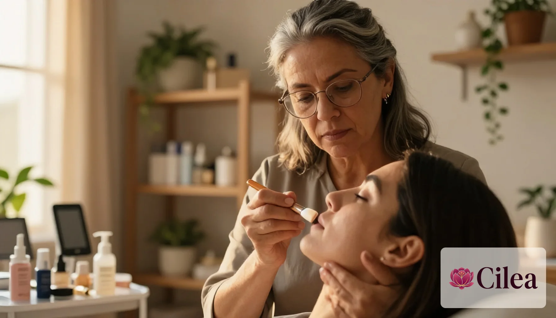 Profissional aplica maquiagem em cliente no salão; controle de produtos usados garante estoque eficiente
