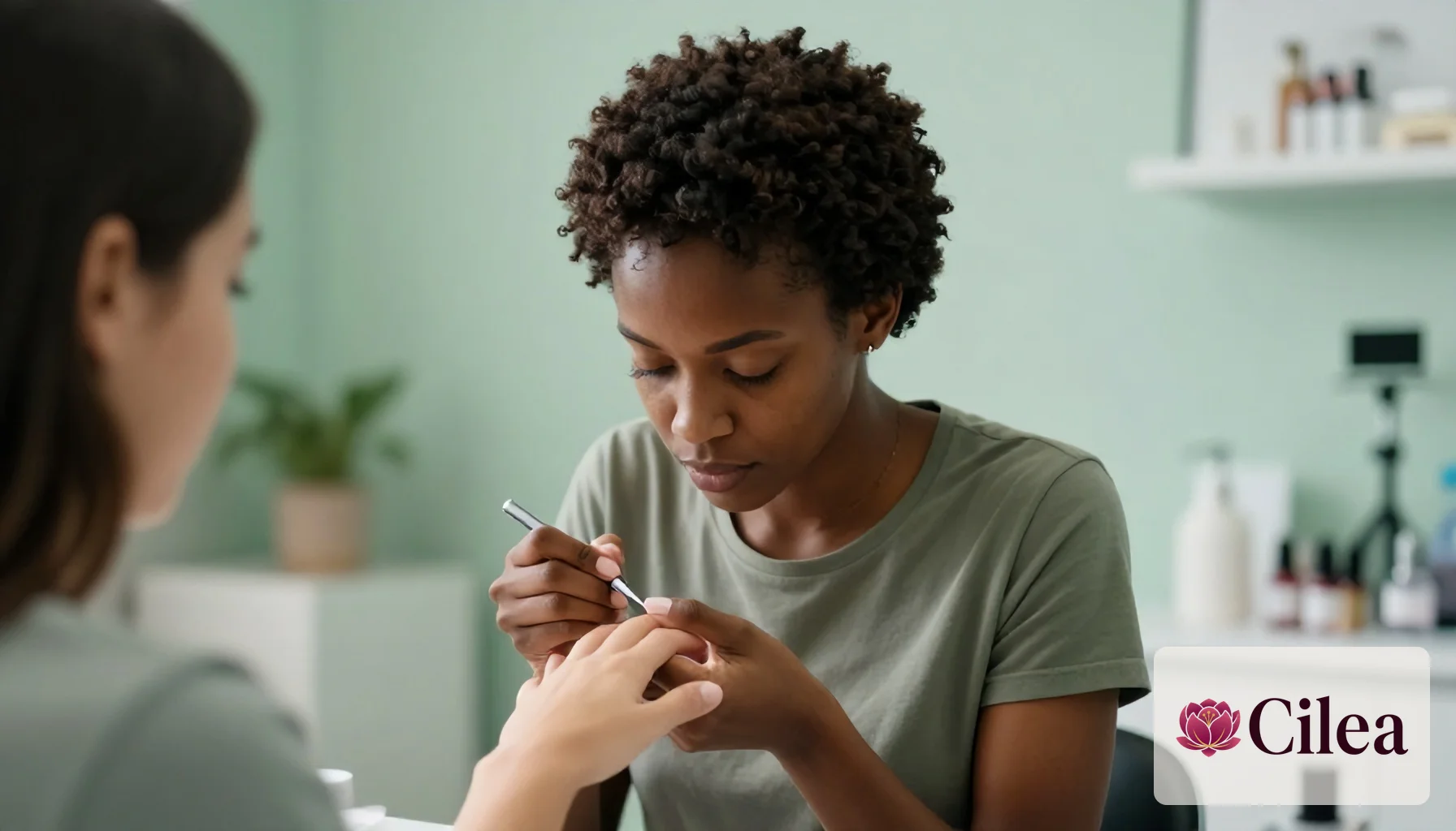 Pessoas em salão de beleza, com manicure aplicando esmalte enquanto atende cliente em ambiente organizado