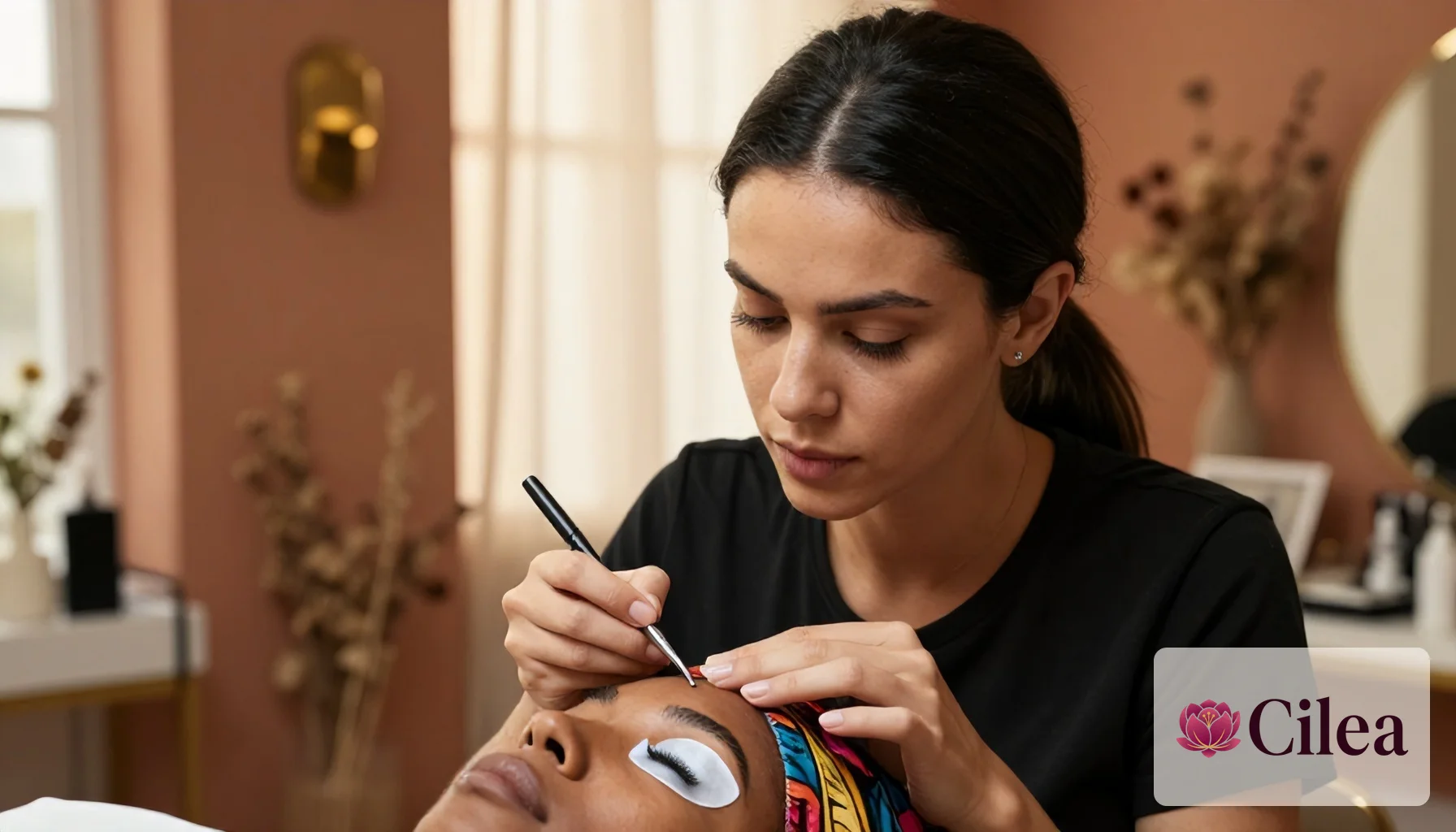 Profissional aplicando extensão de cílios em cliente no salão, demonstrando técnica para definir o preço do serviço