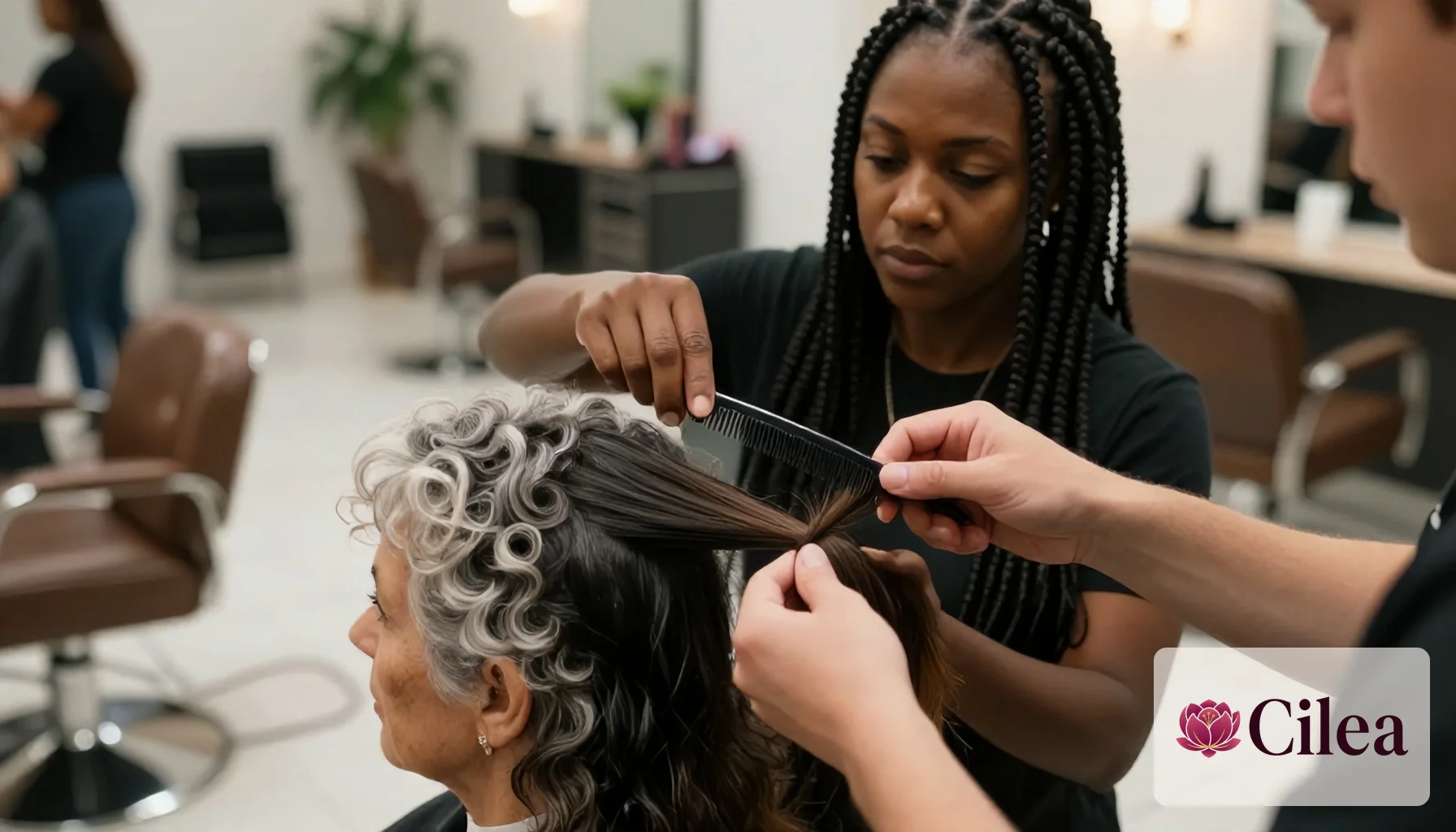 Profissional negra penteia o cabelo de cliente com mechas brancas em salão de beleza moderno