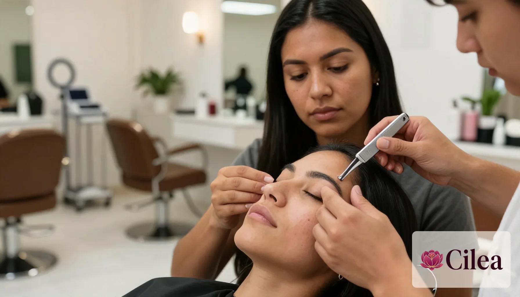 Profissional realiza avaliação estética na sobrancelha de cliente em salão de beleza moderno e iluminado