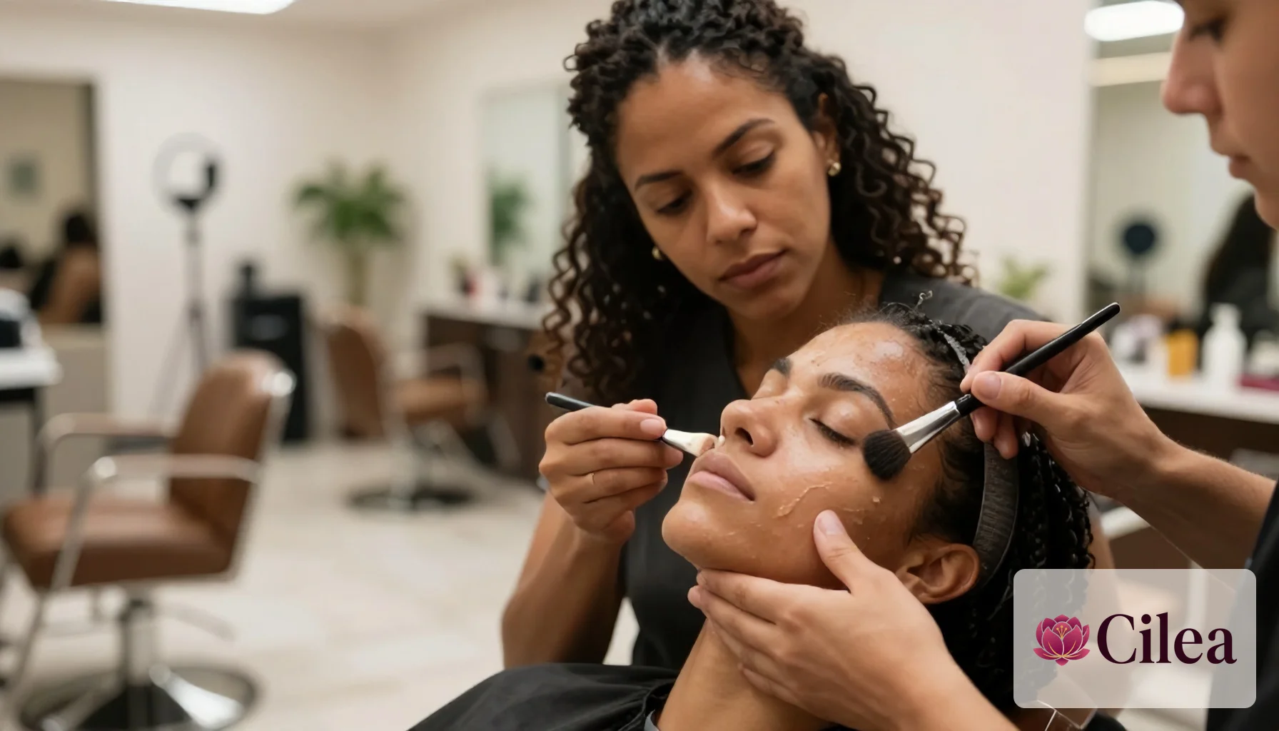 Esteticista aplica produtos no rosto de cliente durante procedimento facial em salão de beleza