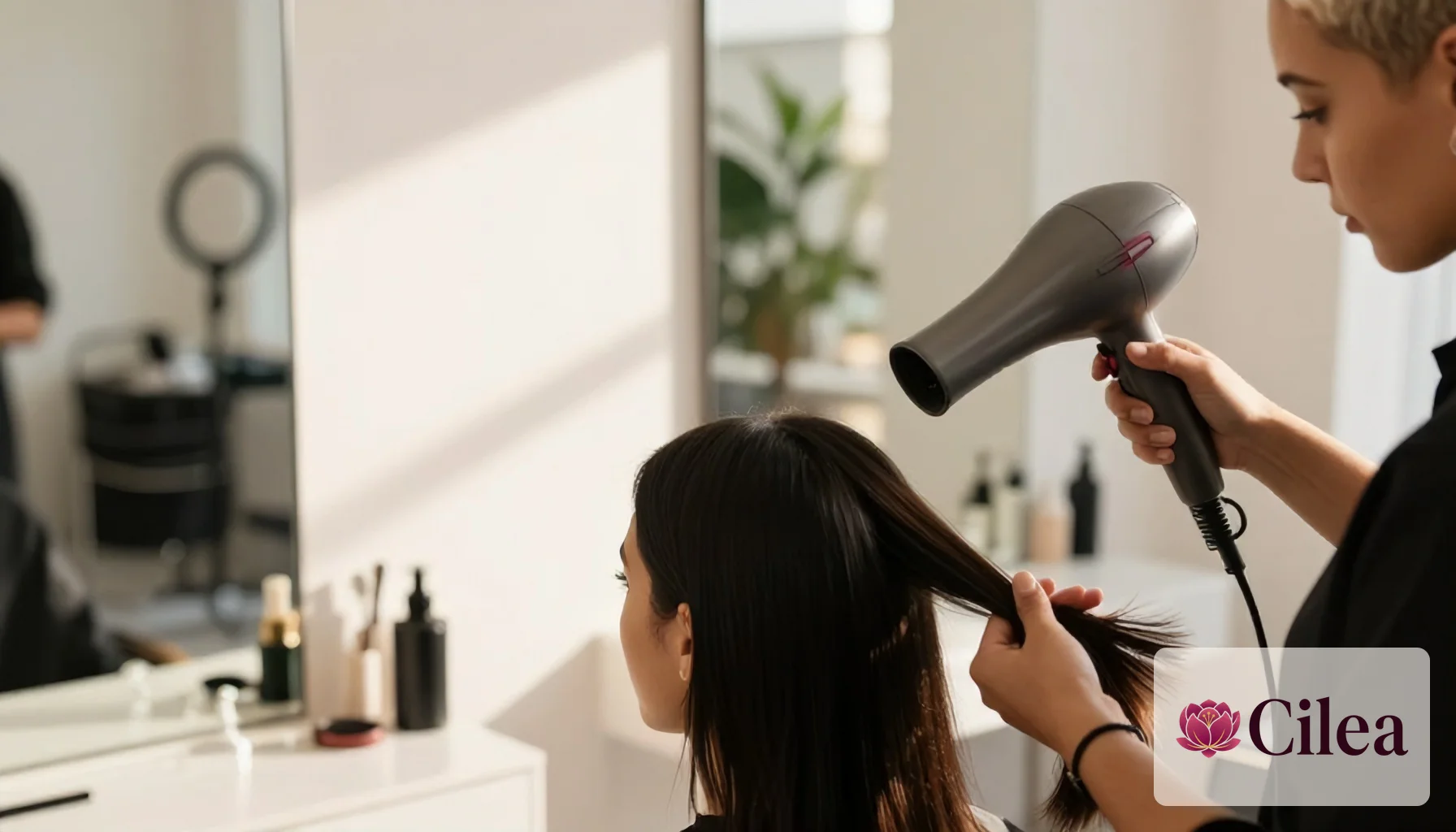 Profissional seca o cabelo de cliente em salão de beleza, mostrando atendimento personalizado e qualidade no serviço