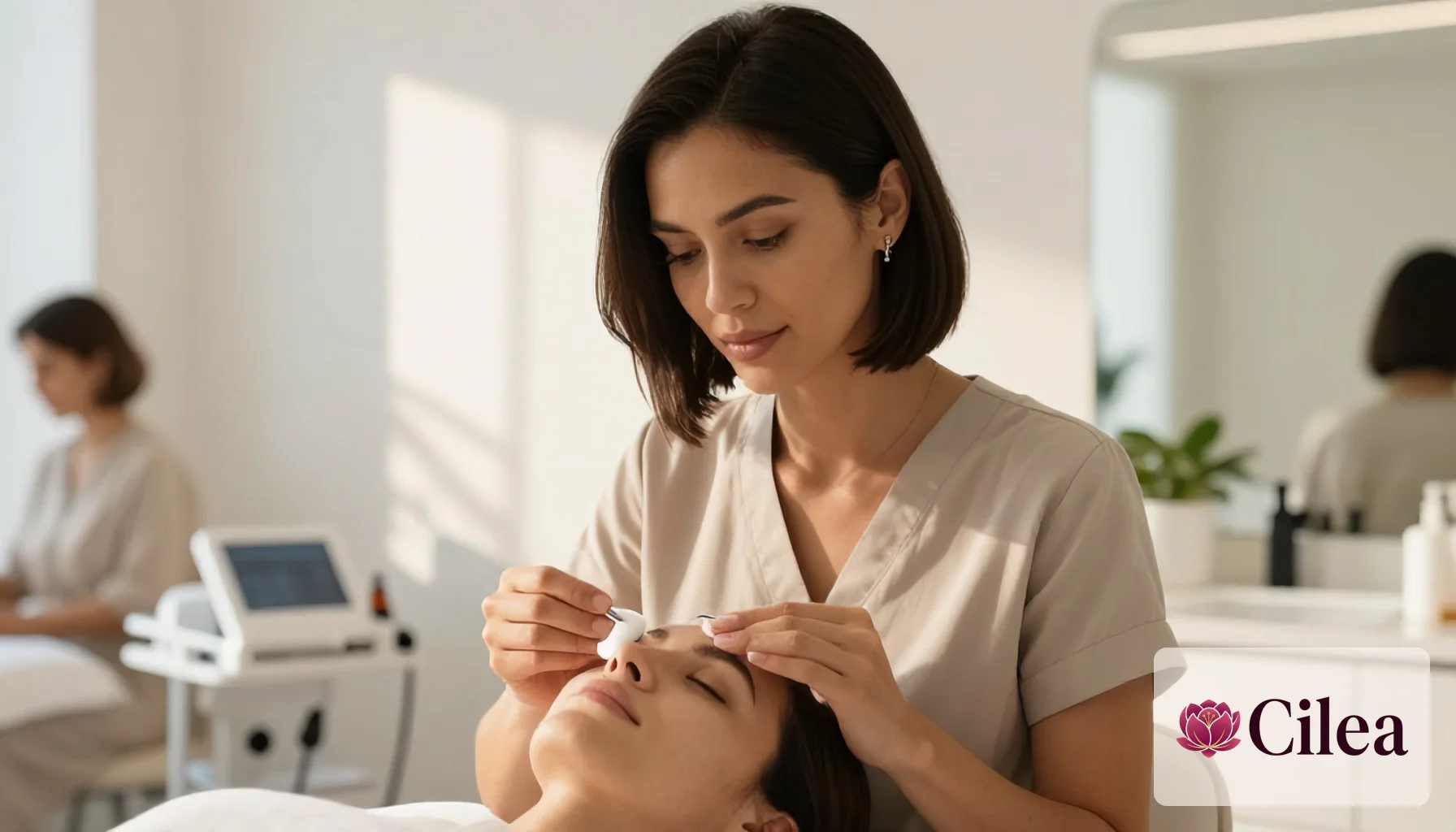 Esteticista feminina aplica tratamento no rosto de cliente em salão de beleza moderno e iluminado