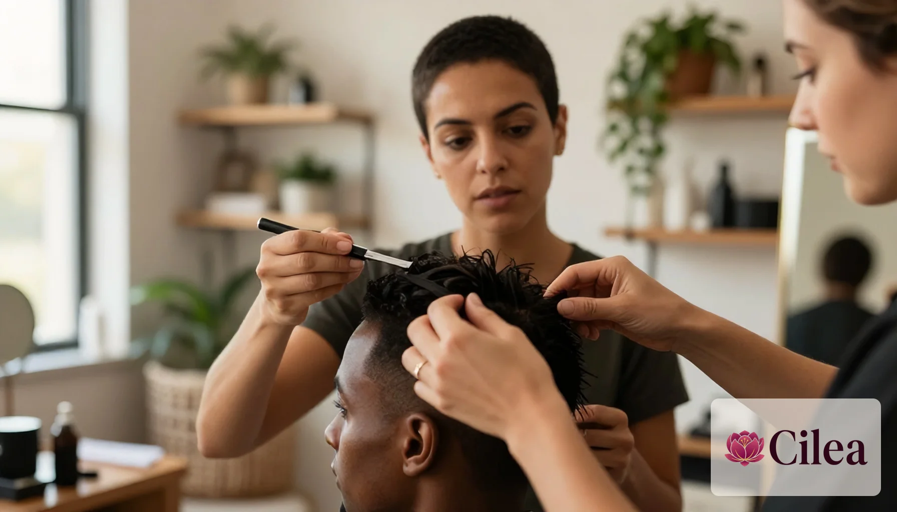 Profissional aplica tratamento no cabelo de cliente masculino em salão, ilustrando serviço e parceria no salão-parceiro