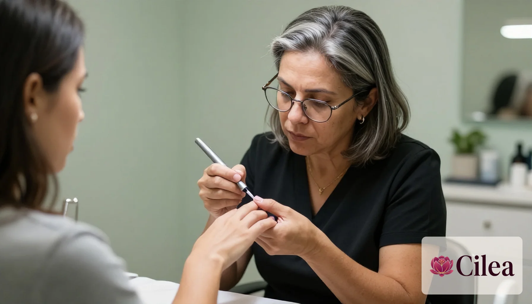 Manicure aplica esmalte nas unhas de cliente, ilustrando serviço de salão sob parceria