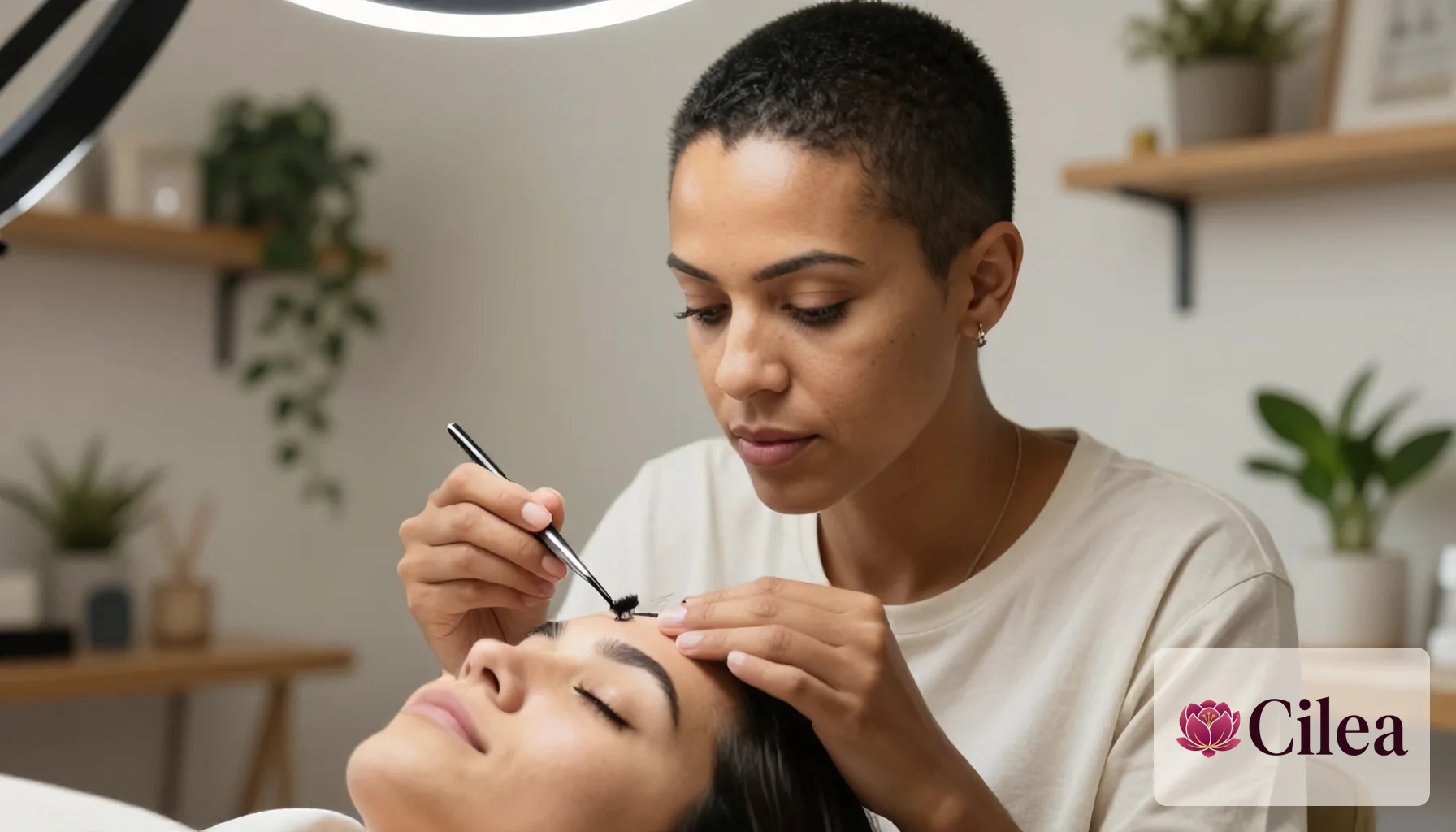Profissional fazendo aplicação de extensão de cílios em cliente deitada com os olhos fechados