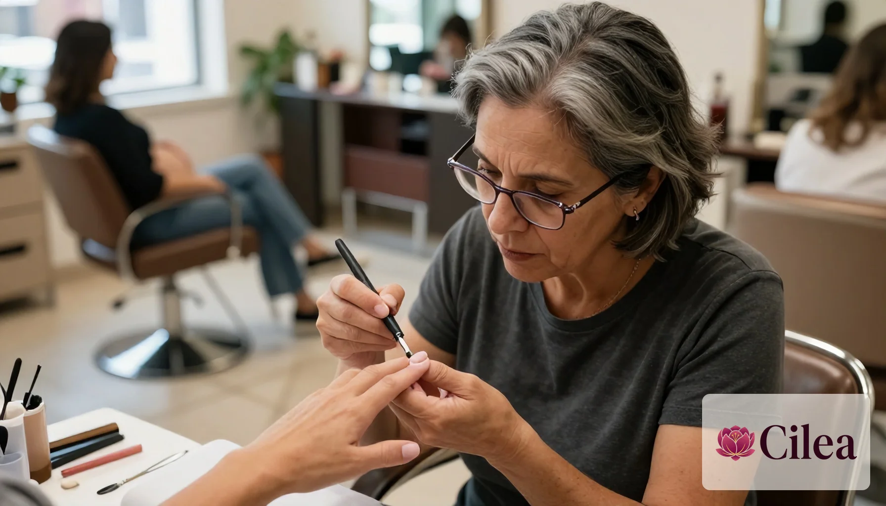 Profissional aplica esmalte nas unhas de cliente em salão de beleza durante atendimento de manicure