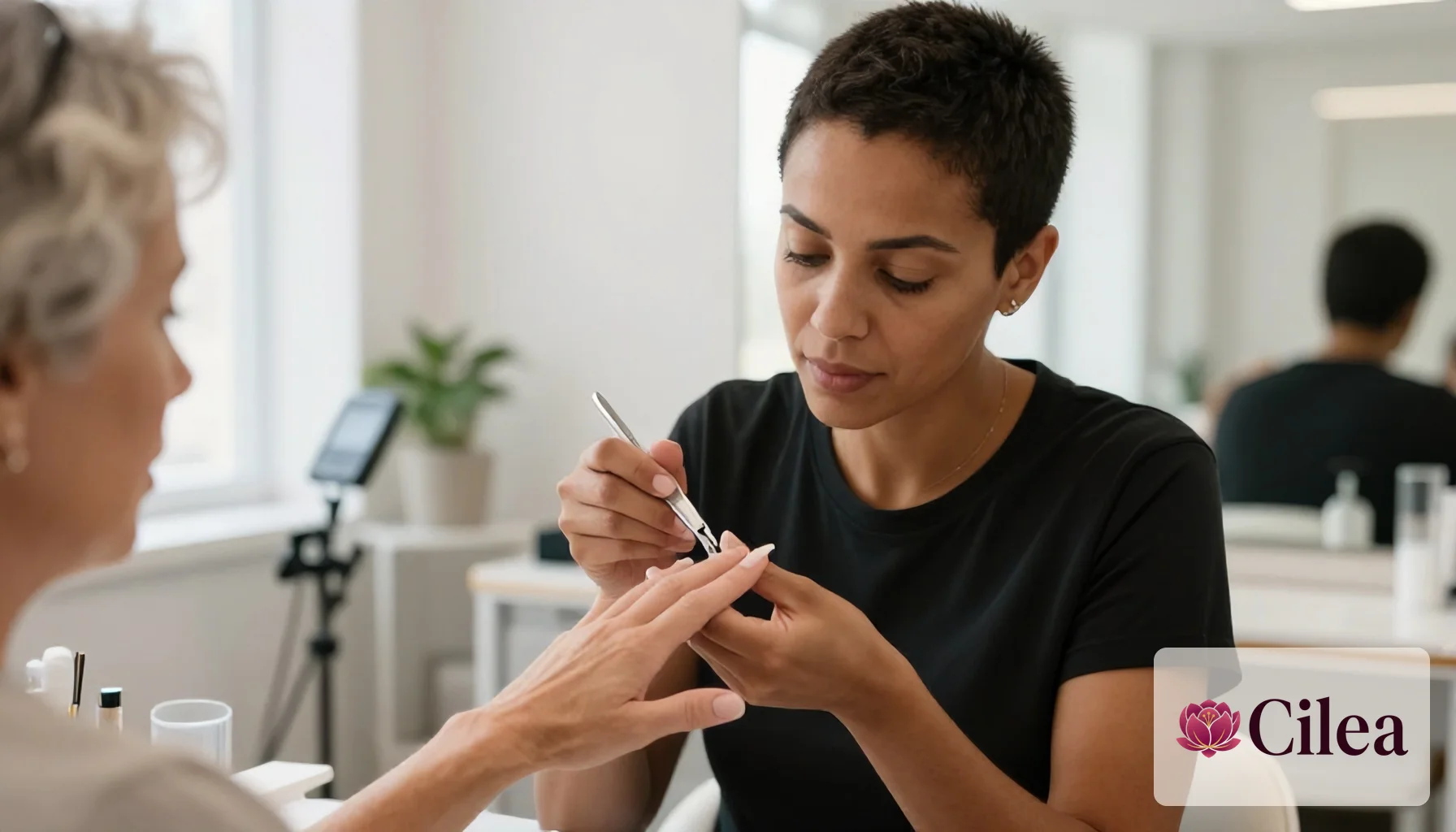 Profissional faz alongamento de unhas em gel em cliente no salão de beleza, mostrando técnica para precificação