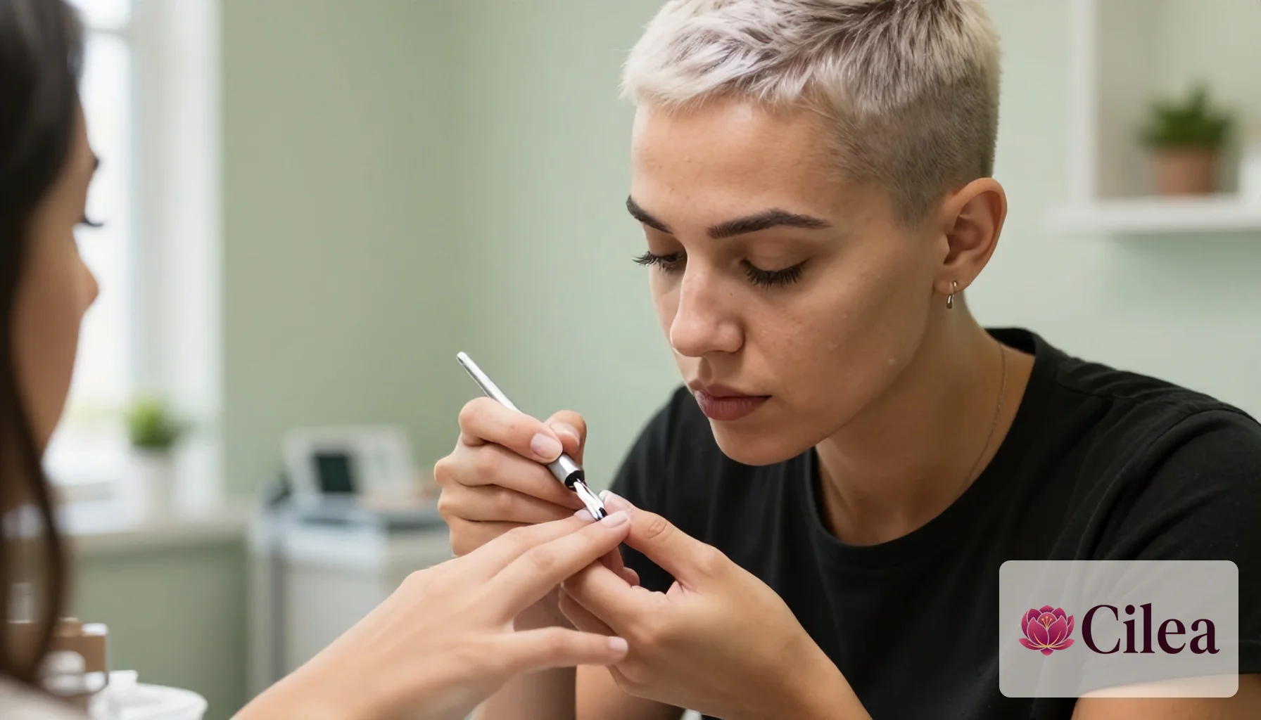 Profissional aplica alongamento de unhas em gel atendendo cliente em salão de beleza