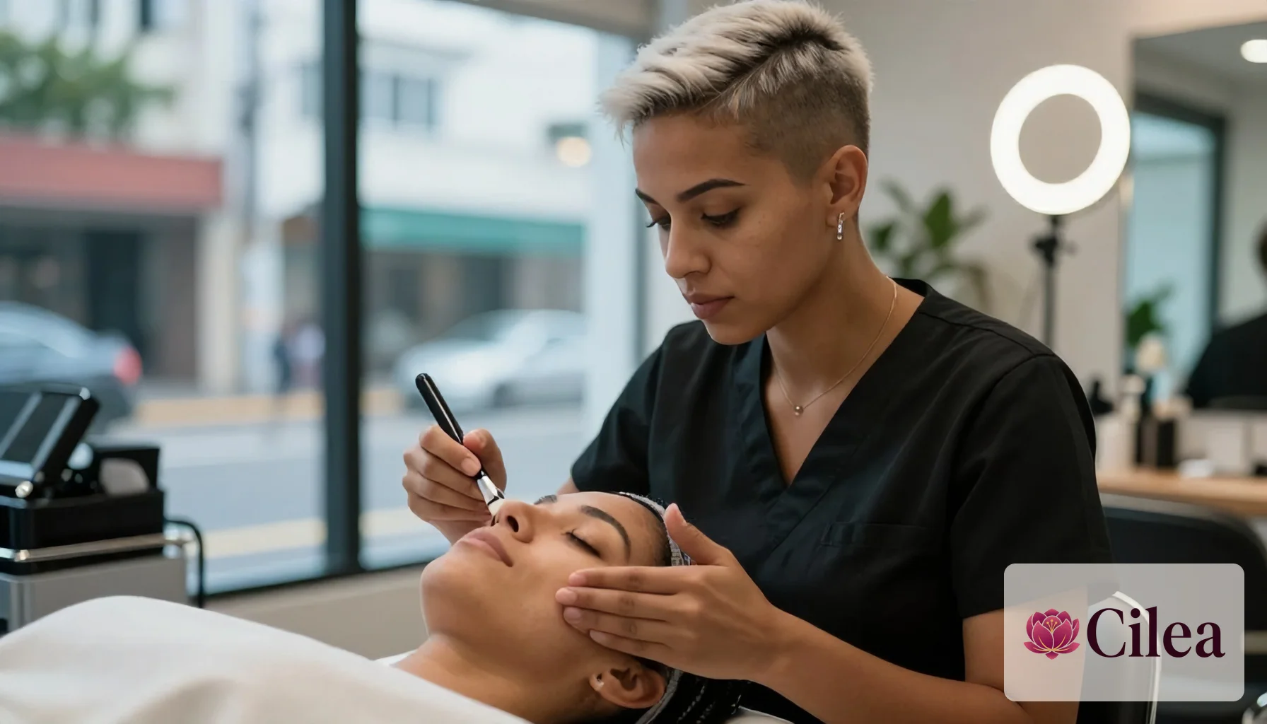 Esteticista aplica tratamento facial em cliente relaxada no salão de beleza com ambiente moderno ao fundo