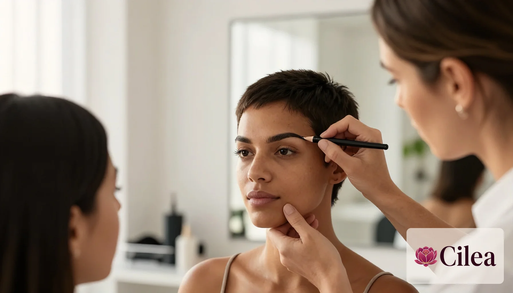 Profissional feminina desenha sobrancelha de cliente jovem durante atendimento em salão de beleza