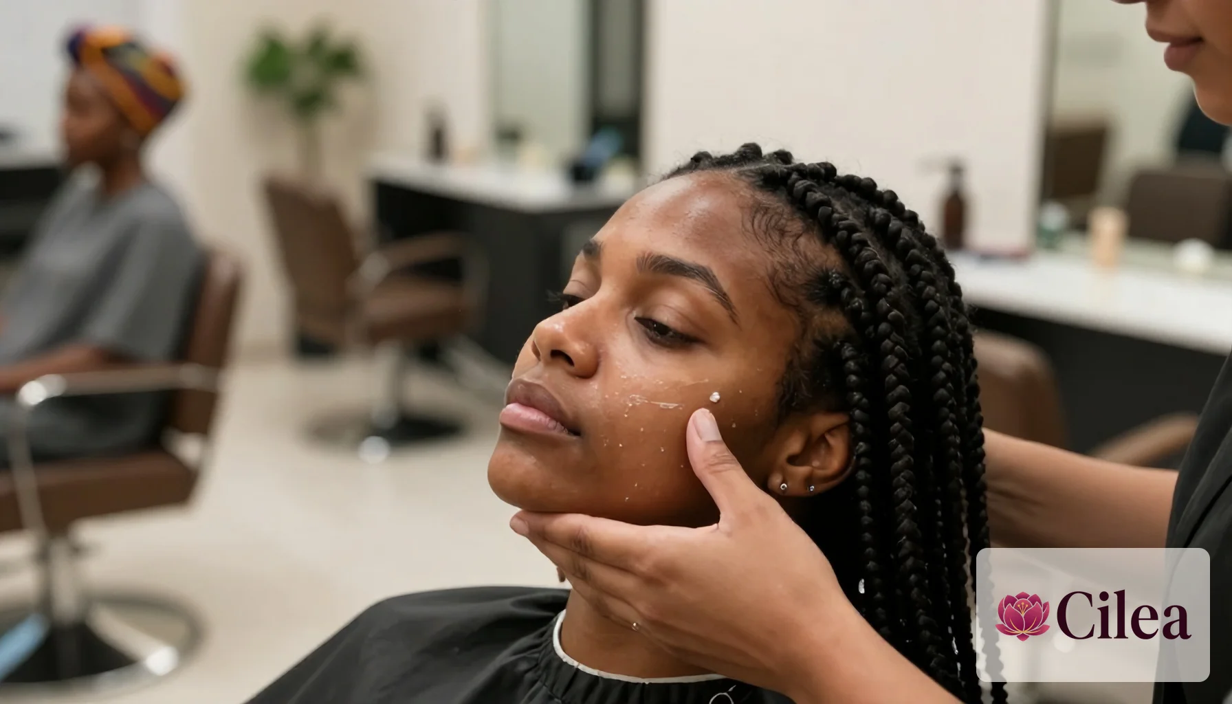 Profissional aplica tratamento facial em cliente com tranças no salão de beleza para reativar clientes sumidos