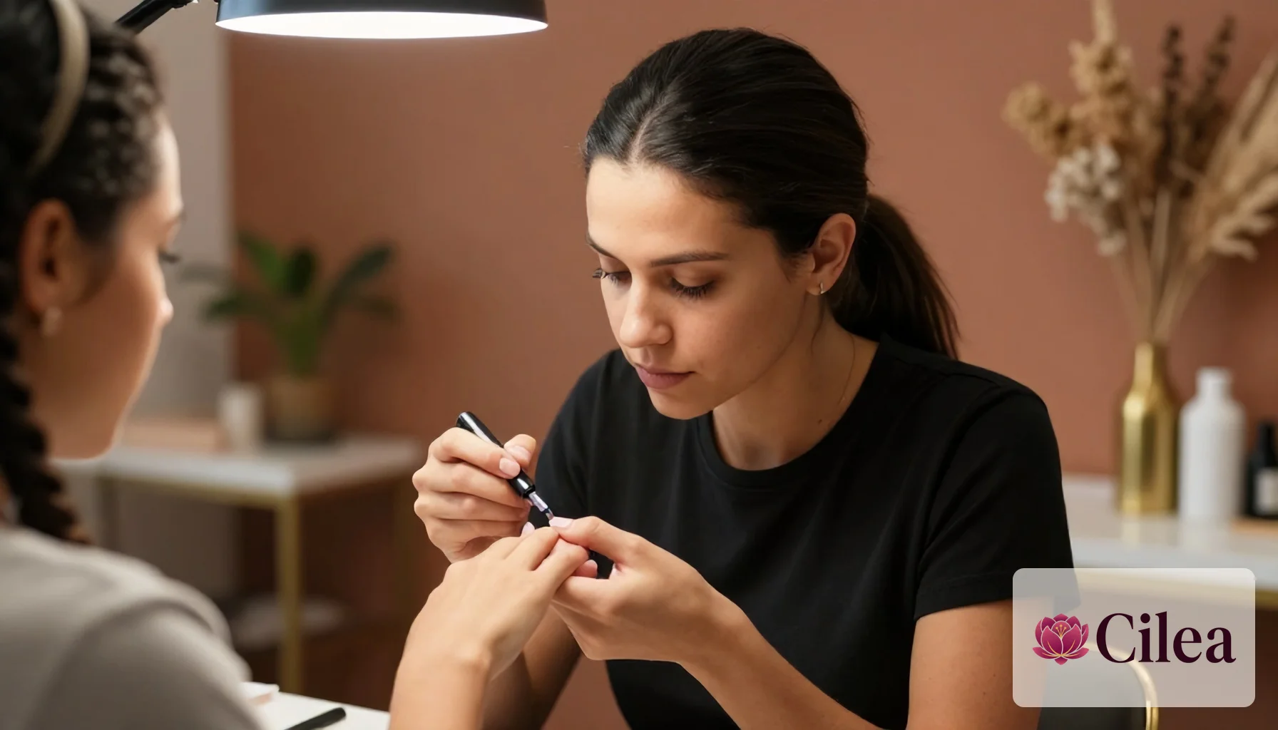 Profissional aplica esmalte nas unhas de cliente em salão de beleza, garantindo atendimento qualificado