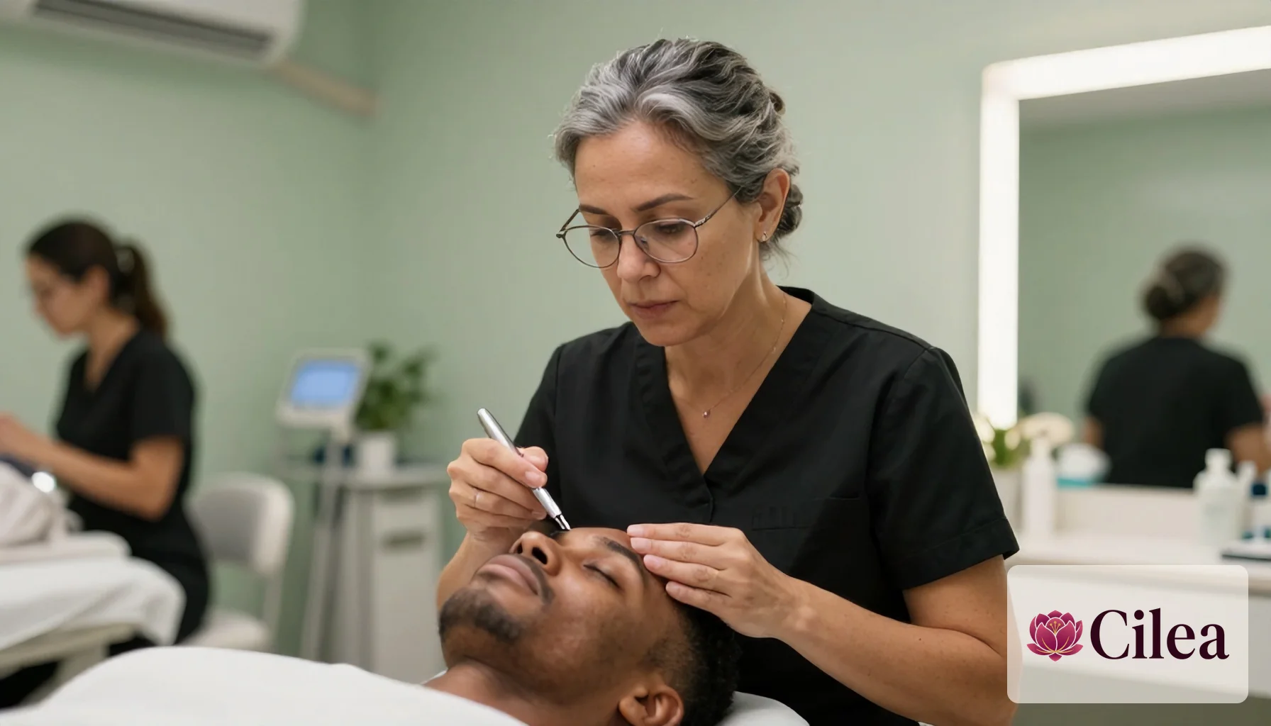 Profissional feminina realiza procedimento estético em homem reclinado no salão, ilustrando prestação de serviço à nota fiscal
