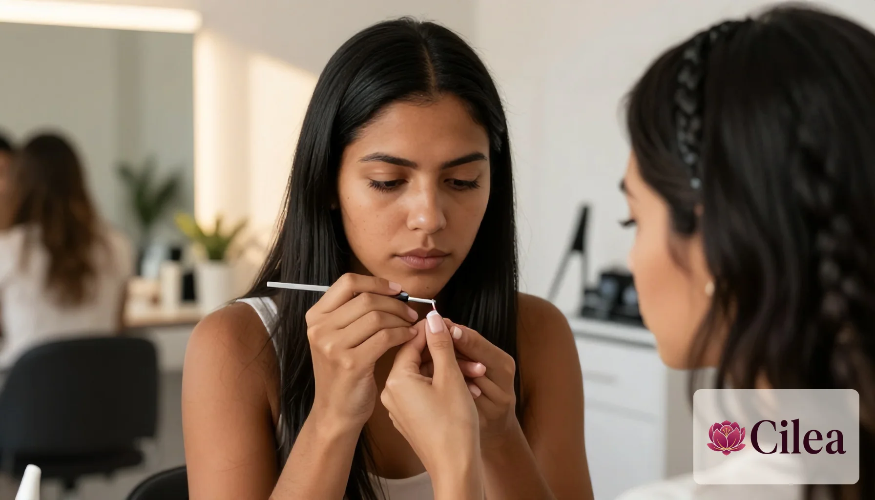 Mulher manicure aplicando esmalte nas unhas de outra mulher em salão de beleza contemporâneo