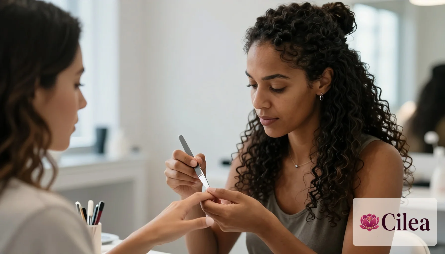 Mulher realiza serviço de manicure cuidadoso em cliente para salão de beleza