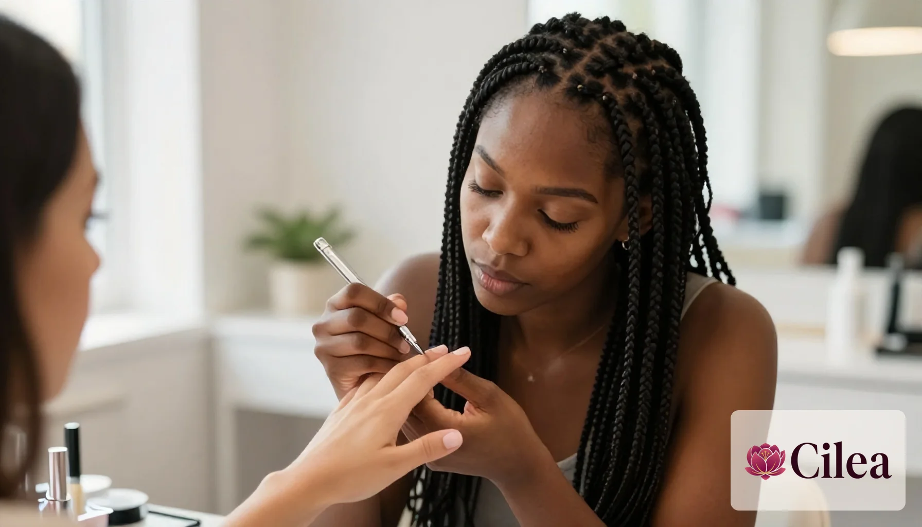 Manicure aplica esmalte nas unhas de cliente, demonstrando cuidado e atenção no salão de beleza.