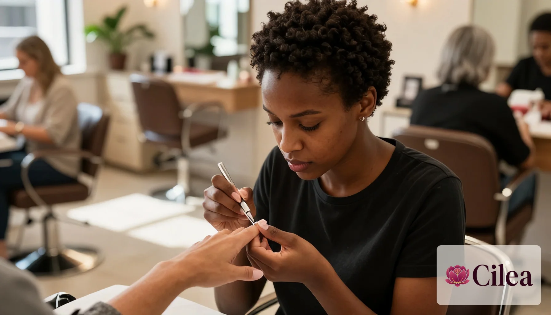 Profissional manicure pinta unhas de cliente com concentração em salão de beleza, destacando cuidado e precisão no serviço