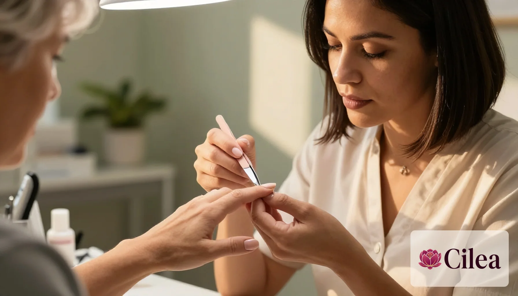 Manicure realiza cuidado nas unhas de cliente em salão com luz natural, focada no serviço delicado.