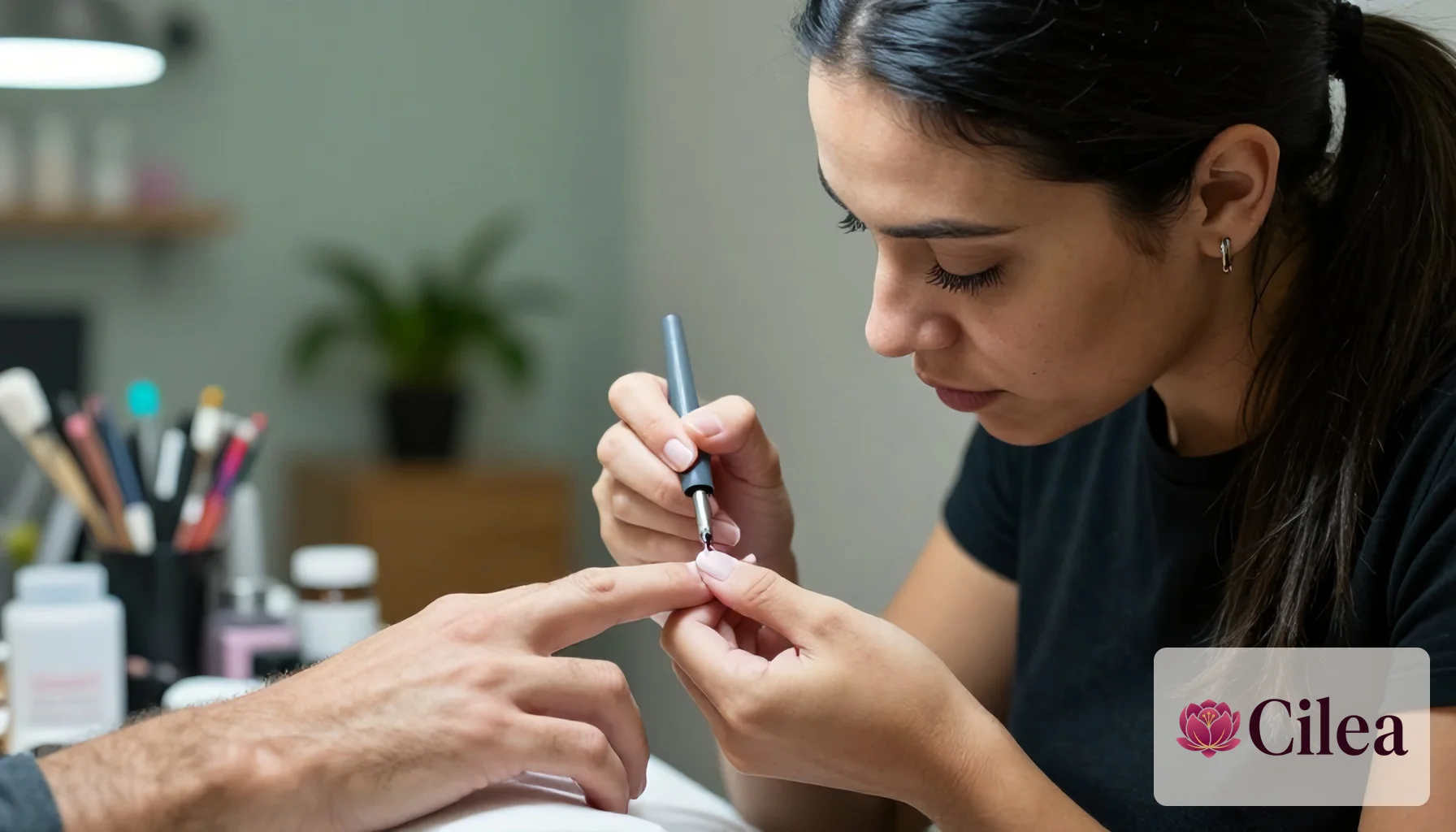Mulher realiza esmaltação em cliente no salão de beleza focada em design de unhas